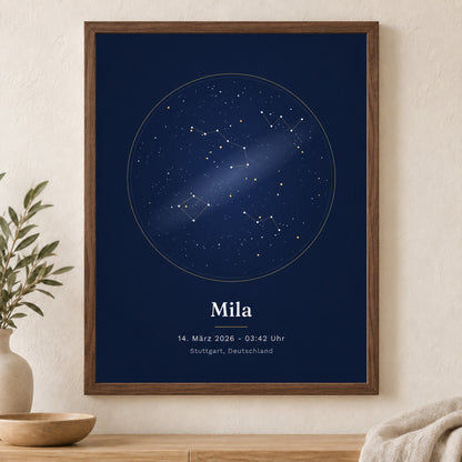 Sternenhimmel-Poster im Dunkelholzrahmen, frontal