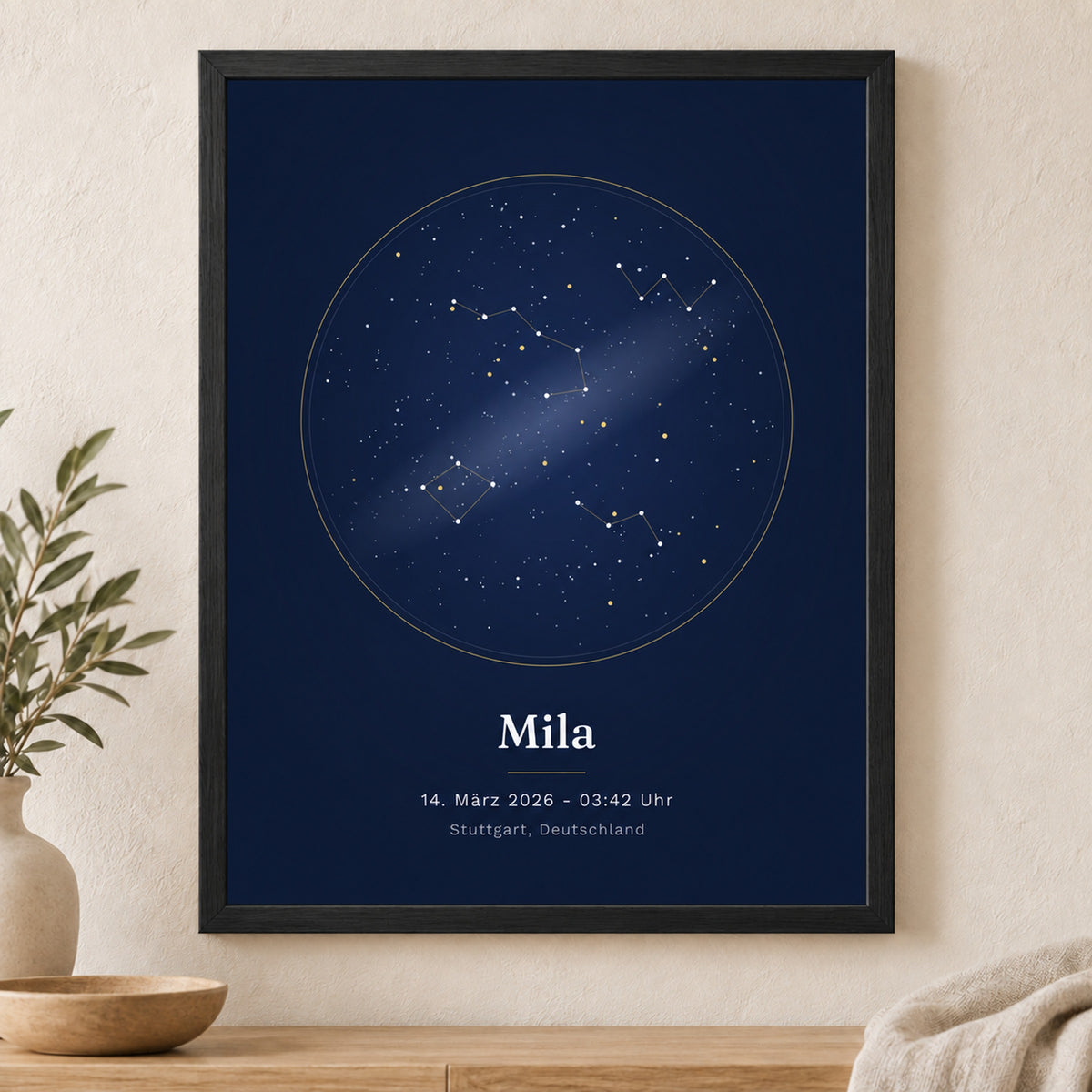Sternenhimmel-Poster im schwarzen Rahmen, frontal