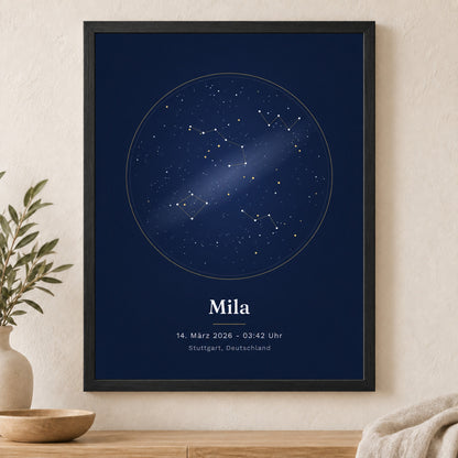 Sternenhimmel-Poster im schwarzen Rahmen, frontal