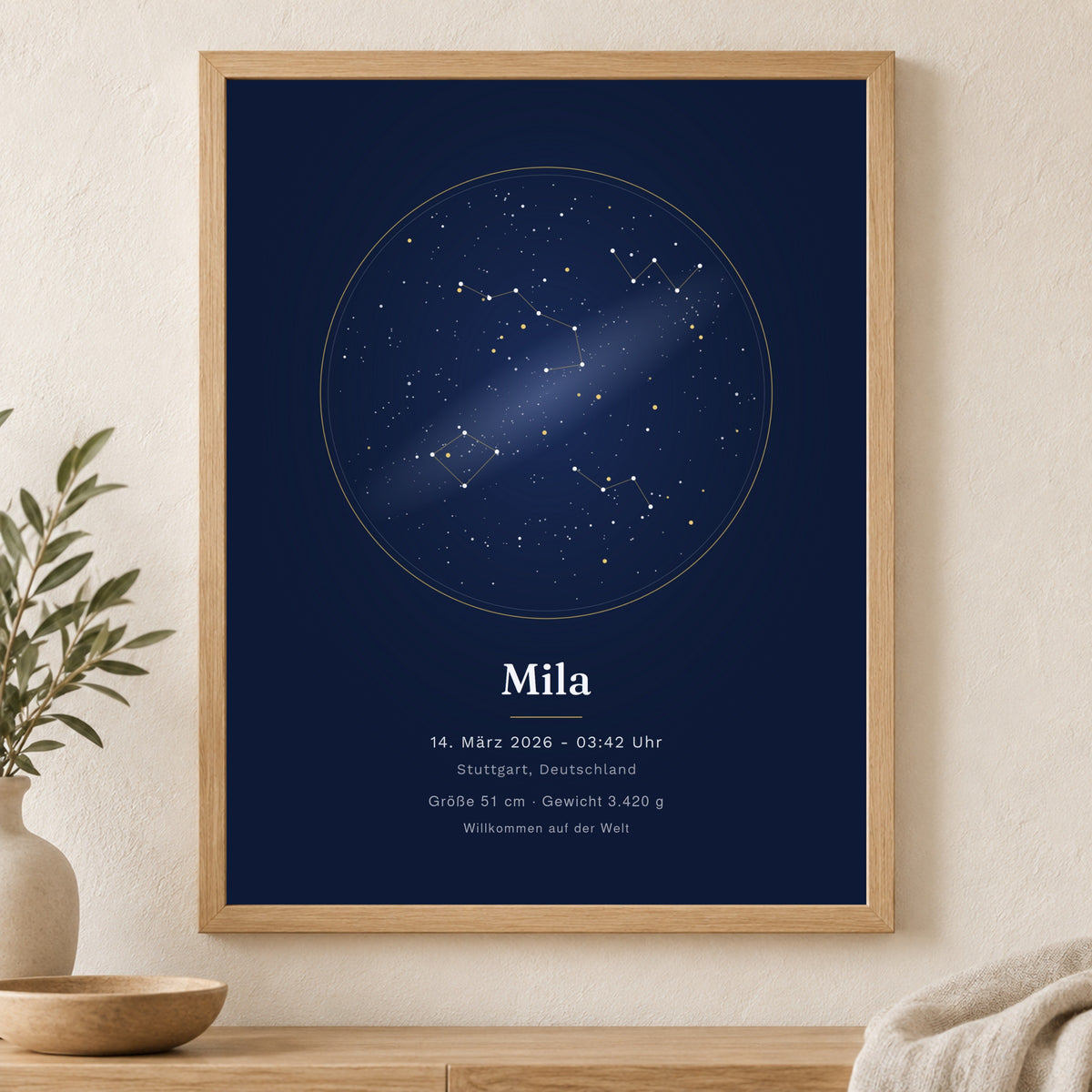 Sternenhimmel-Poster mit Zusatzzeilen: Größe, Gewicht und Widmung