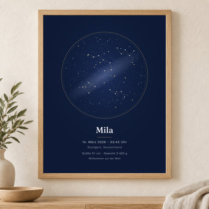 Sternenhimmel-Poster mit Zusatzzeilen: Größe, Gewicht und Widmung